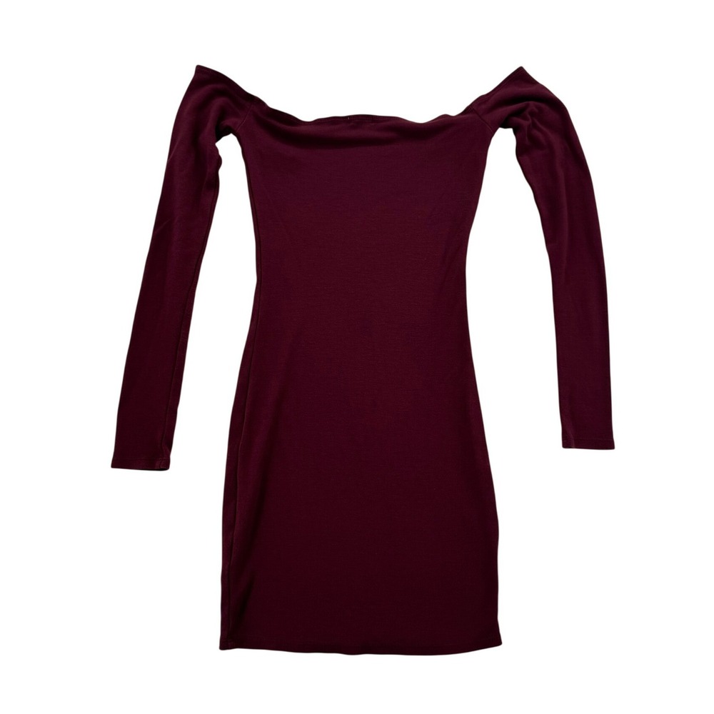 Garage Off Shoulder Bodycon Dress Womens XS Burgundy Excellent Long Sleeve Mini